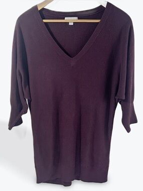 New York & Company Plum Knit V-Neck Top Knit Tunic Length short quarter sleeve